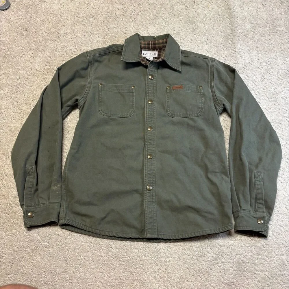 Carhartt Olive Duck Canvas Flannel Lined Chore Shirt Jacket Men's L 100% Cotton